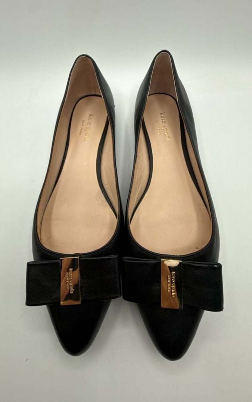 Kate Spade New York Bowdie Black Leather Ballet Flats with Gold Bow size 8 1/2M.
